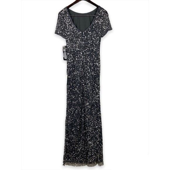 Pisarro Nights Beaded Short Sleeve Maxi Dress Evening Gown Gray Size 2 NWT - Picture 4 of 9